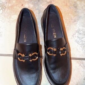 Calvin Klein Black Leather Slip-On Loafers with Gold Bit